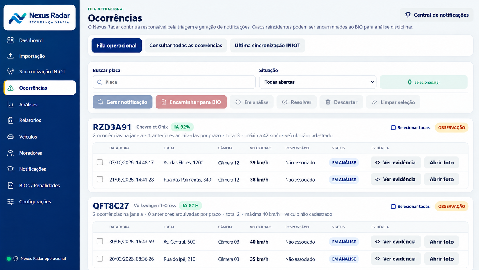 Nexus Radar: Ocorrências — imagem demonstrativa com dados fictícios
