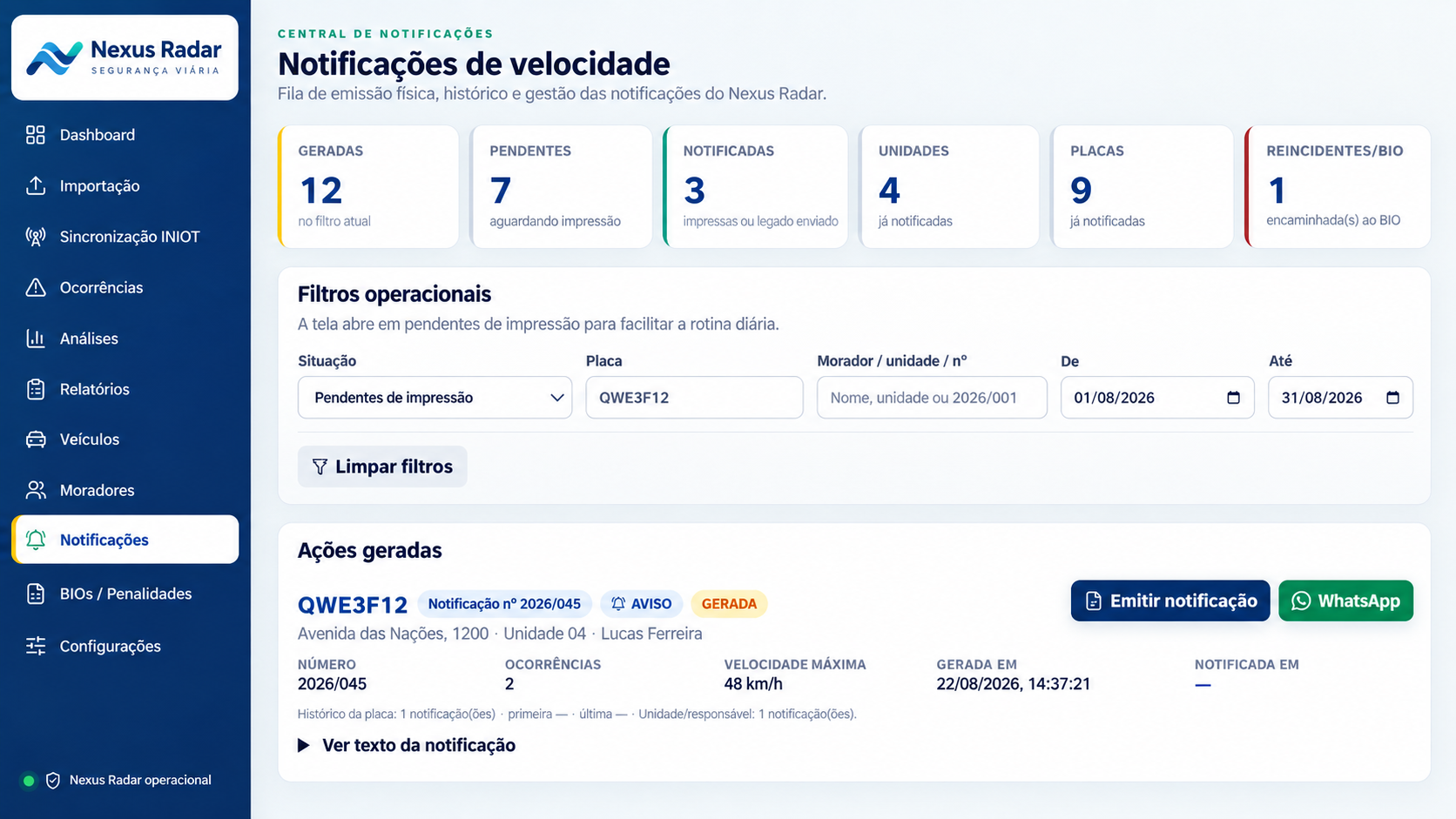 Nexus Radar: Notificações — imagem demonstrativa com dados fictícios