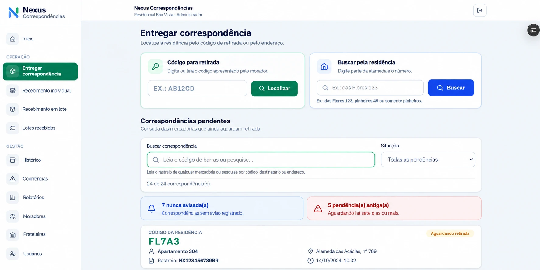 Nexus Correspondências: Entrega de correspondências — imagem demonstrativa com dados fictícios