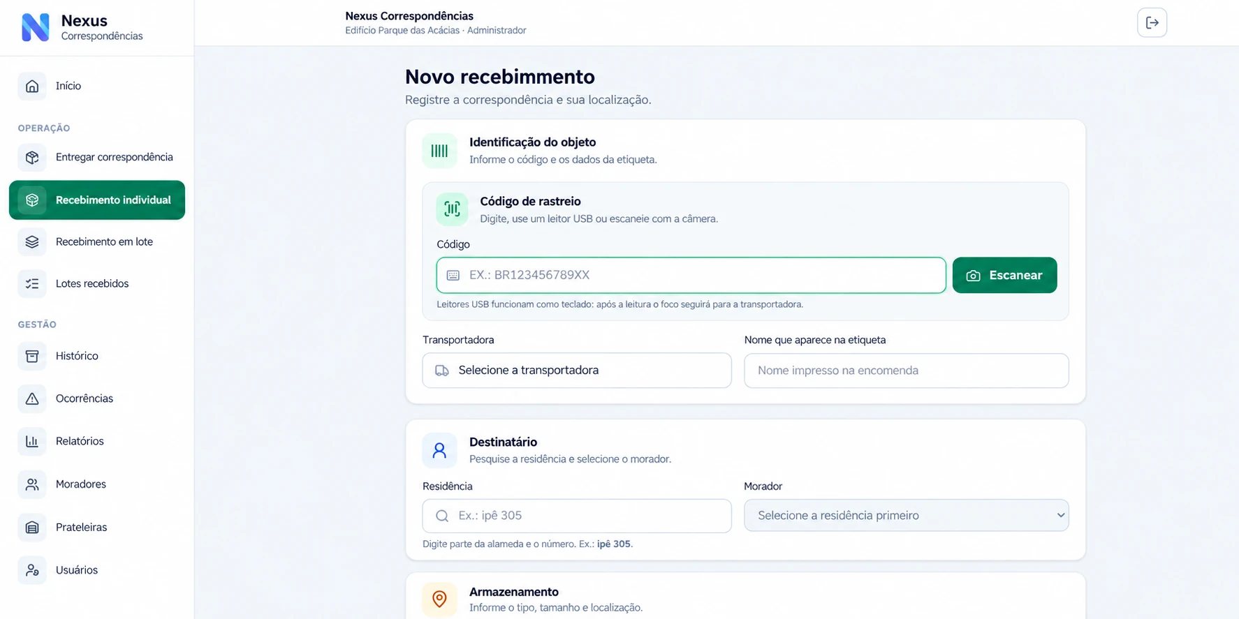 Nexus Correspondências: Recebimento individual — imagem demonstrativa com dados fictícios