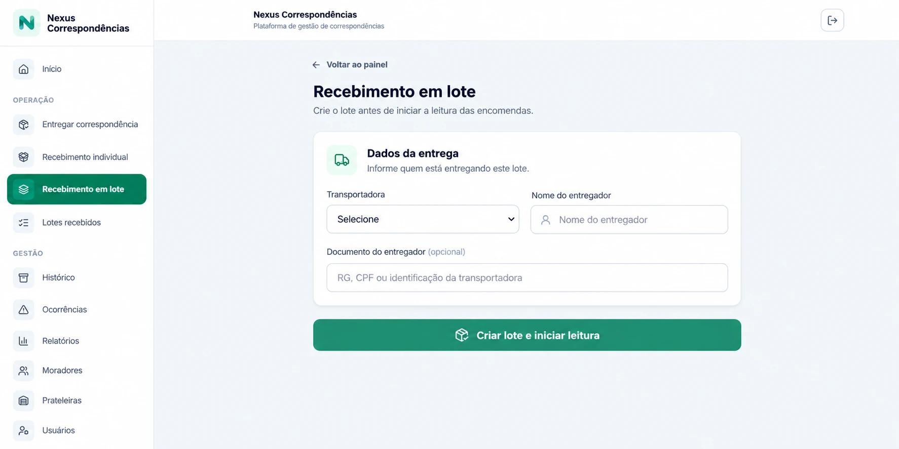 Nexus Correspondências: Recebimento em lote — imagem demonstrativa com dados fictícios