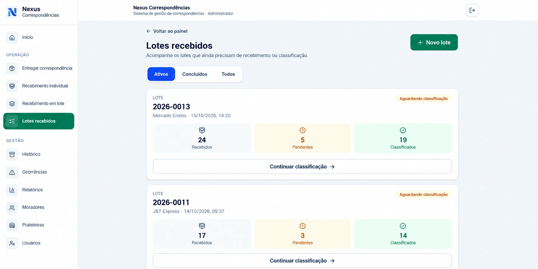 Nexus Correspondências: Lotes recebidos — imagem demonstrativa com dados fictícios