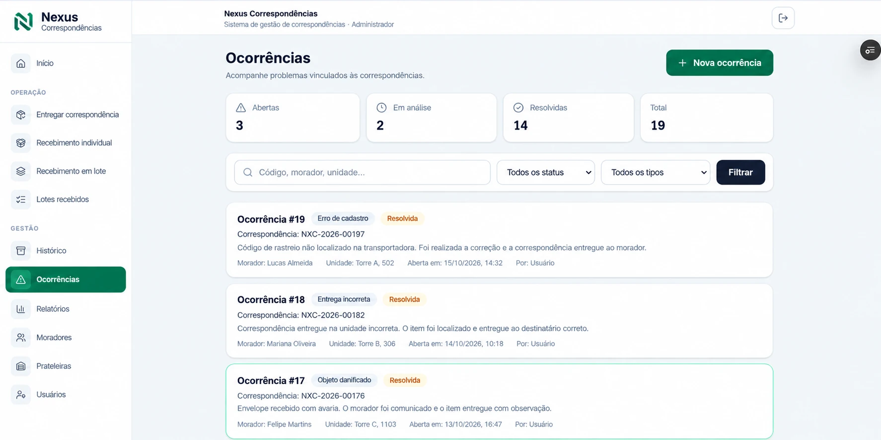 Nexus Correspondências: Ocorrências — imagem demonstrativa com dados fictícios