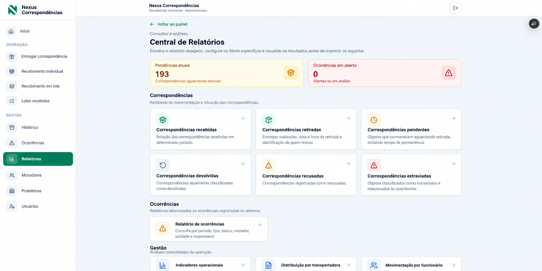 Nexus Correspondências: Central de relatórios — imagem demonstrativa com dados fictícios